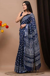 Navy Cotton Linen Saree with Bagru Hand Block Print - Saree - Aakritee - S10707